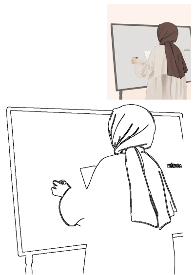 Illustration of a hijabi woman teacher writing on a whiteboard, perfect for educational or lifestyle content. 