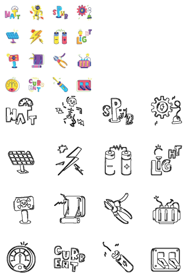 Various colorful objects are grouped together on a white background, featuring electricity and energy-related icons and symbols.