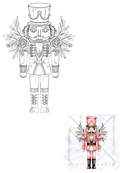 Ornate nutcracker soldier illustration featuring a tall hat and decorative roses with leaves, ideal for festive holiday projects.