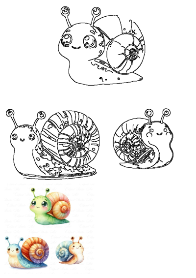 Image of three cartoon snails, each with a unique color and design. Watercolor illustration of adorable snails with different shell patterns.