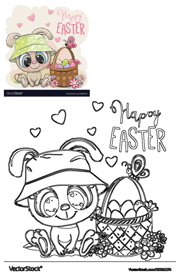 A cute cartoon bunny with a green polka dot hat sits next to a flower-decorated easter basket filled with colorful easter eggs. Happy Easter!