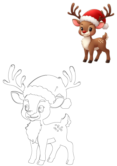 A cute cartoon Christmas reindeer with a red Santa hat and brown antlers, shown next to its black-and-white outline version.