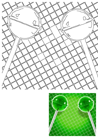 Two green lollipops sitting on top of each other against a green grid background, creating a sweet and playful candy image.