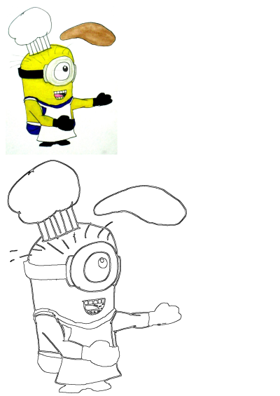 Cartoon drawing of a minion wearing a chef's hat. This adorable chef minion is ready to bake, tossing some dough! Perfect for culinary fun!