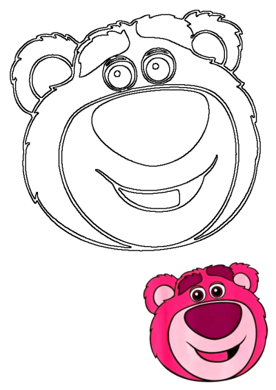 Close-up of Lotso, the pink teddy bear head from Toy Story. Big eyes and a cheerful smile make this bear character stand out in a crowd.
