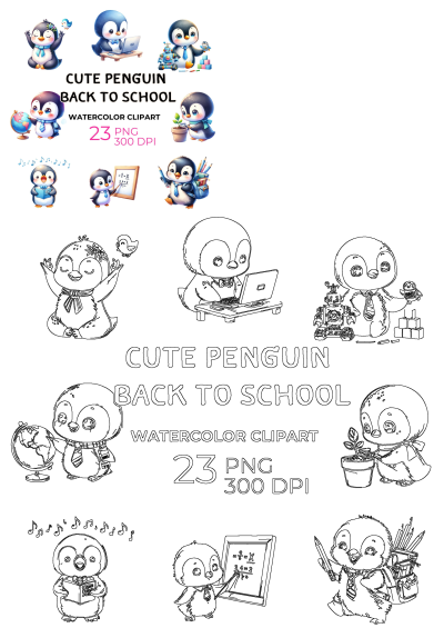 Cute penguin back to school watercolor clipart for scrapbooking. Adorable penguin characters in learning scenarios and classroom.