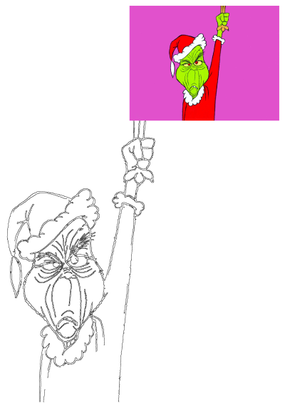 Grumpy Grinch cartoon character wearing a Santa suit with a scowl and clenched fist, holding up a sign. Christmas themed image.