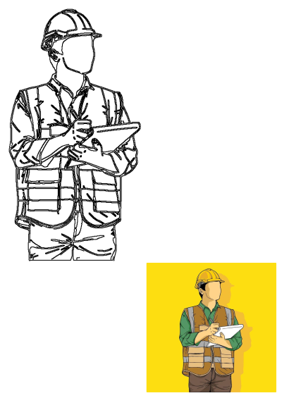 A construction worker or engineer in a hard hat holding a clipboard and pen. Vector illustration on yellow background.