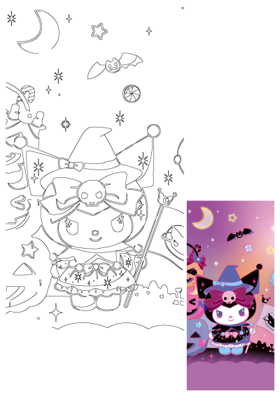 Cartoon illustration of two characters in front of a purple background with stars and moon. Kuromi in halloween costume, wearing a witch hat.
