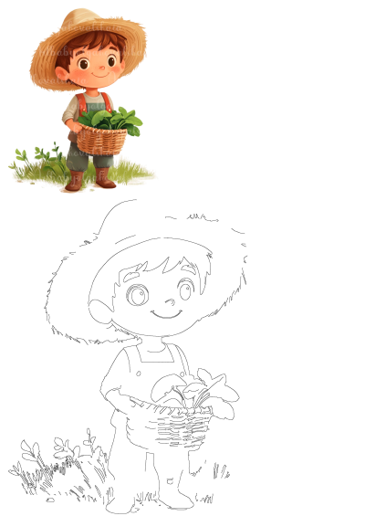 Cartoon of boy farmer in straw hat, overalls, & boots carrying a basket full of leafy greens. A cheerful illustration. 