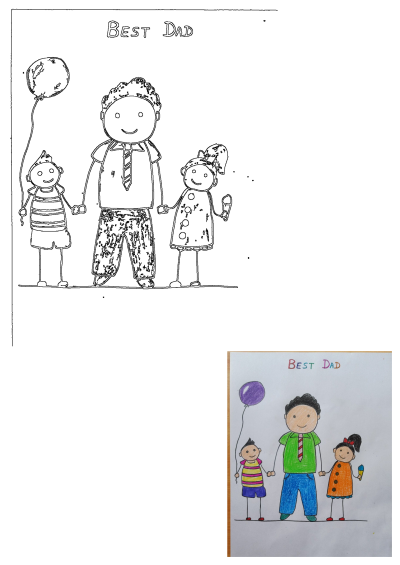 A child's colorful drawing of 'Best Dad' featuring a father with his son holding a balloon and daughter with ice cream. Happy Father's Day!