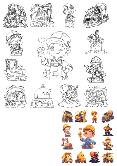 Cartoon character set of construction workers posing with various construction vehicles and equipment like dump trucks, excavators, and mixers.