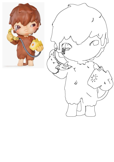 A whimsical figurine of a little boy holding a banana and talking on a vintage, corded phone. He has a single tear on his face.