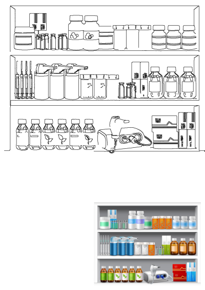 Shelves filled with different types of medicine. An illustration of pharmaceutical products, including pills, syringes and nebulizer machine.