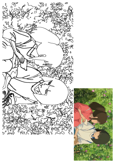 Two anime characters, Chihiro and Haku from Spirited Away, lying together in the grass. A field of pink and purple flowers surrounds them.