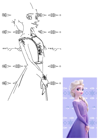 Elsa from Frozen 2, wearing a purple dress, looking over her shoulder against a light purple snowflake pattern background.
