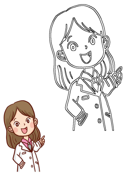 Cartoon image of a woman in a lab coat pointing to the side with her finger up and smiling. The cartoon doctor is very cheerful.