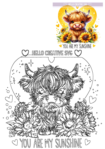 Cute brown cow with sunflowers on it's chest and the words, you are my sunshine. Whimsical illustration of a happy cow surrounded by sunflowers.