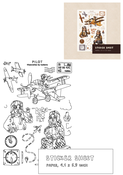 A sticker sheet with an airplane and pilot. Cute illustrated stickers of vintage airplanes, pilot girls, and aviation themed icons. 