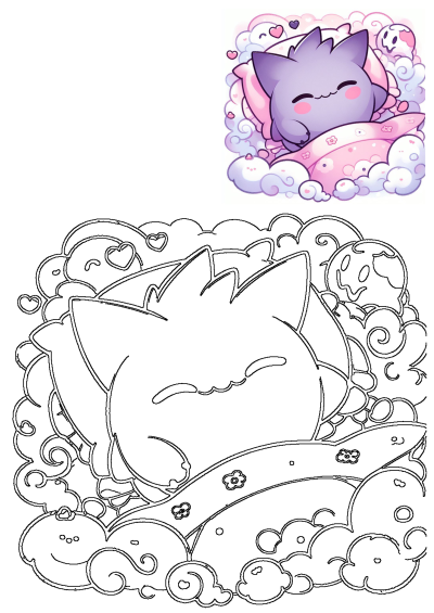 Cartoon cat sleeping on a cloud with hearts and skulls in the background. Kawaii style cat with a sweet smile, surrounded by fluffy clouds.