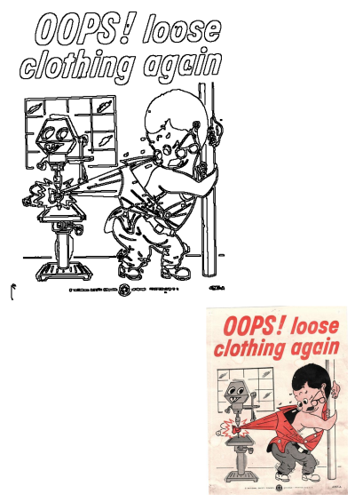 Vintage poster with a cartoon character whose loose clothing gets caught in a machine. Promotes workplace safety and warns about loose clothing.