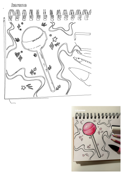 Hand-drawn lollipop sketch in a sketchbook with stars, hearts, and whimsical lines. Pink and white color scheme, perfect for sweet art inspiration.