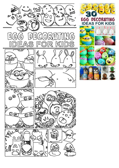 30 egg decorating ideas for kids that are easy and fun. The image contains emoji, bunny, minion, and ninja turtle designs for Easter eggs.