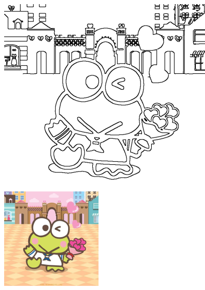 Cartoon image of Keroppi holding a bouquet of flowers with a cityscape background. Keroppi wearing a sailor suit offers flowers.