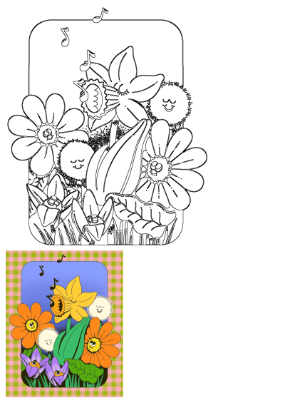 A whimsical illustration of colorful flowers: orange, yellow, and purple, with happy faces. Music notes float above them, set against a blue background and pink plaid.