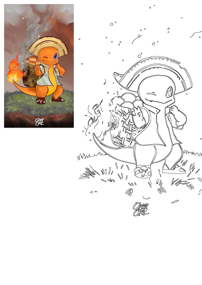 Cartoon Charmander with a sombrero holding a fireball, as described. A whimsical take on the Pokemon character with a festive hat.