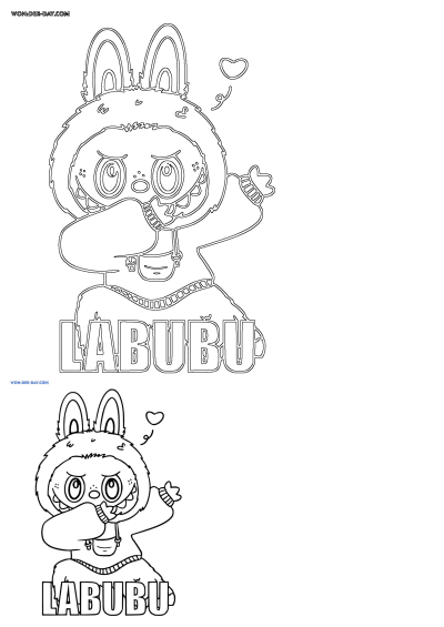 Coloring page of a cute cartoon character, Labubu, with bunny ears and big eyes. Perfect for creative and fun coloring activities.