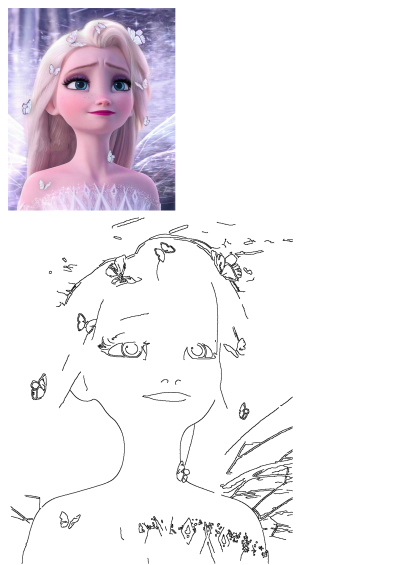 A beautiful illustration of Elsa, the frozen princess with blonde hair and striking blue eyes, adorned with delicate butterfly wings on her head.