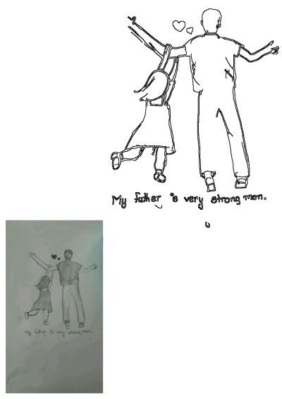 A touching sketch of a father and daughter, where the daughter hangs happily from her father's arm, emphasizing a strong, loving bond.
