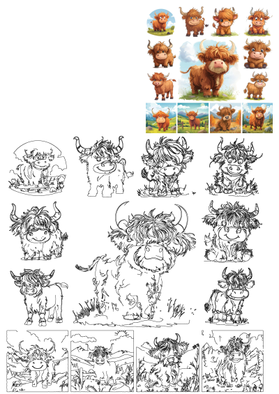 A set of cartoon buffalos with different facial expressions, showcasing various adorable highland cows in diverse poses and backgrounds.