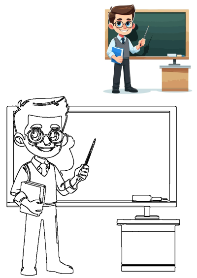 A friendly cartoon teacher with glasses, holding a book and pointer, stands in front of a blackboard, ready to teach a lesson.