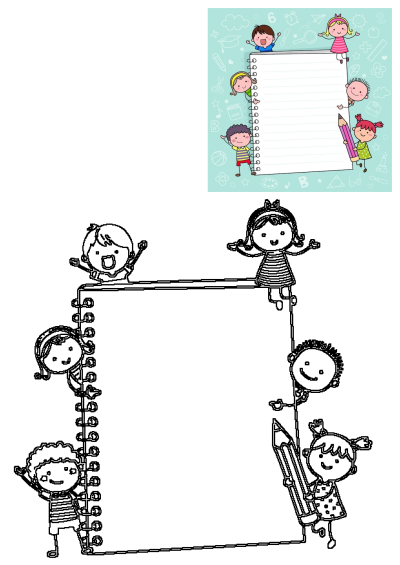 Children holding pencils and standing around an open notebook with lined paper in the middle, surrounded by school doodles.
