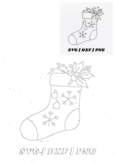 Christmas stocking outline featuring festive holly, berries, snowflakes, and baubles. Perfect as SVG, DXF, PNG cut file.