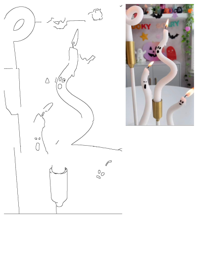 Three spooky ghost candles with drawn faces on a white table, gold candleholders. Halloween decorations in the background. 