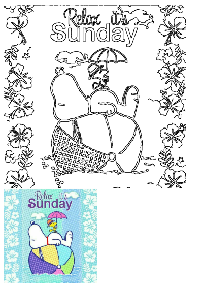 Cartoon Snoopy relaxing on a beach ball with Woodstock holding an umbrella, against a floral background with 'Relax it's Sunday' text.