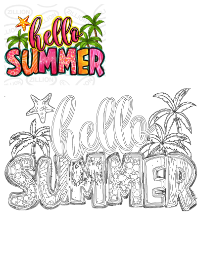 Hello summer with palm trees and starfish in vibrant colors. A fun, playful image perfect for summer-themed projects and designs. 
