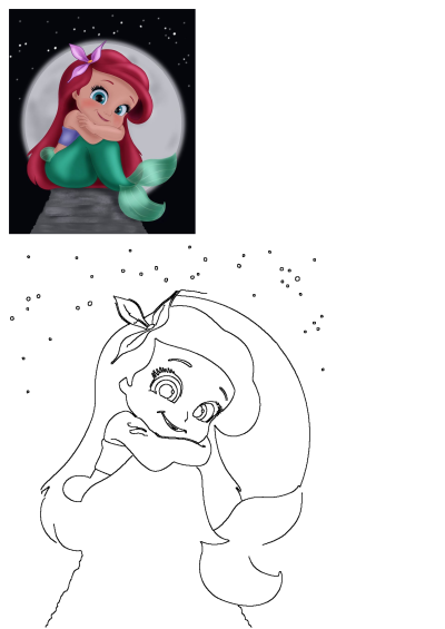 Adorable artwork of the Little Mermaid, Ariel, sitting with arms folded in front of a radiant full moon. Disney princess under the night sky.