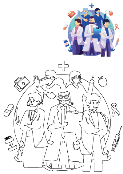 Doctors are standing in front of the globe. Team of healthcare professionals promotes global health, medicine, and medical assistance worldwide.