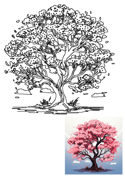 A vibrant image features a pink cherry blossom tree with lots of leaves, reflected in the water below. Springtime beauty and serene nature.