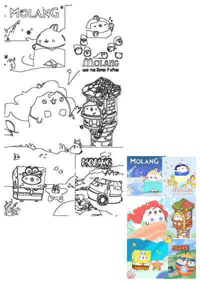 Molang cartoon characters with different expressions and body parts, featuring Molang as Frozen, Snow White, The Little Mermaid, and others.