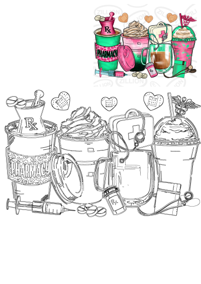 A collection of fun, pharmacy-themed drinks and medical supplies artwork, including cups, syringes, pills, a first aid kit, and a stethoscope.