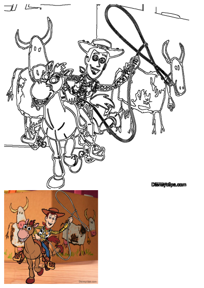 Cartoon of Woody from Toy Story riding Bullseye, a brown horse, in front of a cow drawing. Image matches alt text: a cartoon character riding on the back of a brown horse in front of a cow.