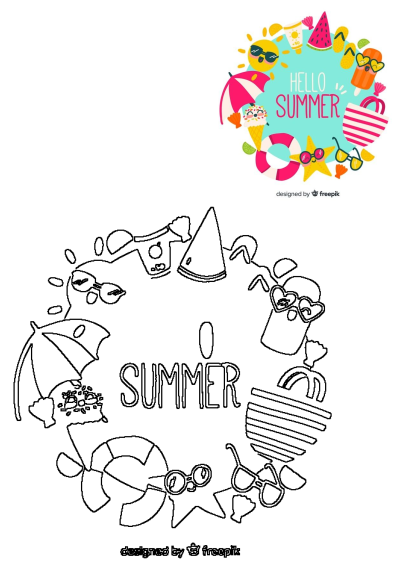 Hello Summer surrounded by colorful beach items like a sun, ice cream, watermelon, beach bag, and flip-flops, all in a vector illustration.