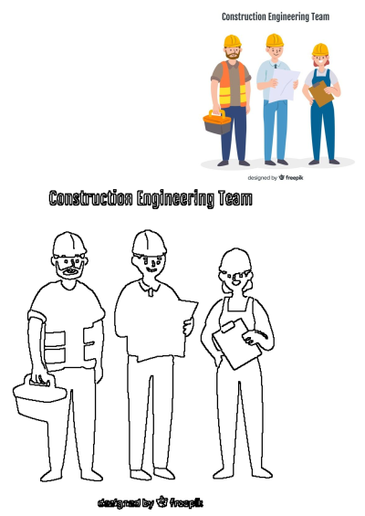 Three people in construction gear, part of a construction engineering team, stand together ready for work. Image alt description.