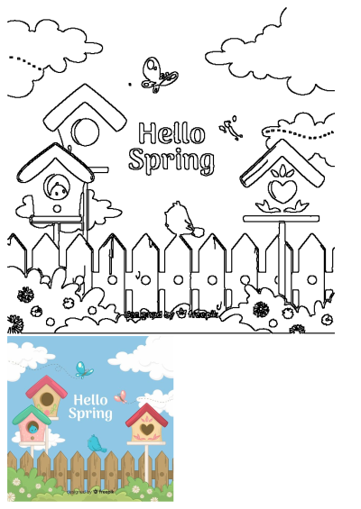 Hello Spring illustration. Three birdhouses with birds and butterflies flying around them. Festive spring scenery with a wooden fence.