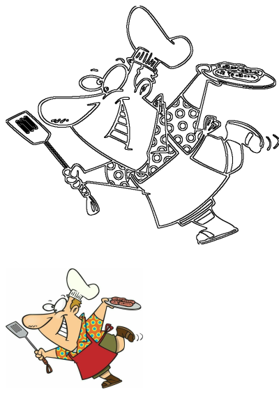 Cartoon chef illustration with a spatula in one hand and a plate of sausage on his hand, making a fun and delicious image.